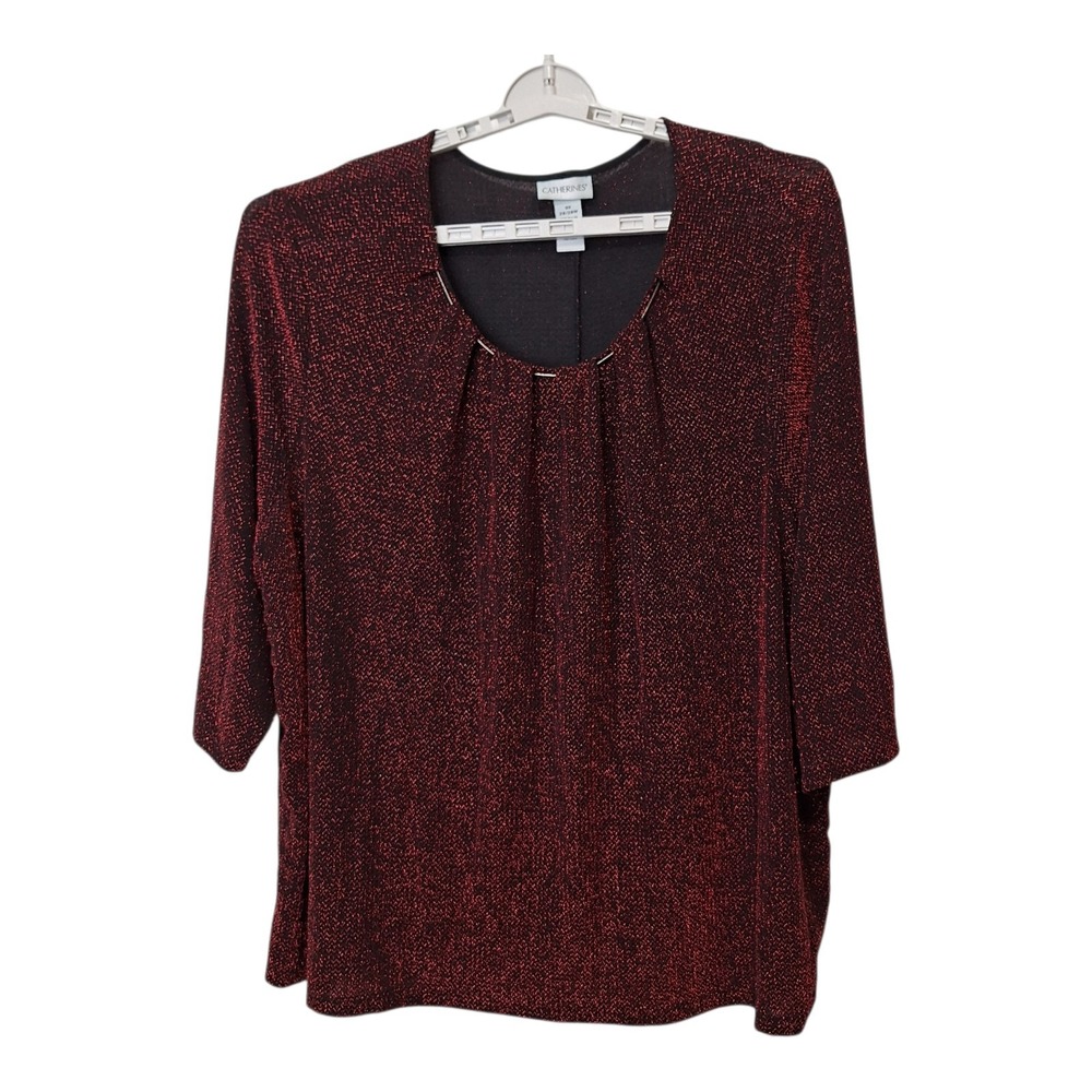 Catherines Top Womens 3X 26/28W Black Red Metallic Pleated Sparkle Fairy Glitzy